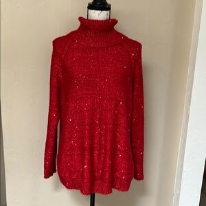 Cozy Bright Red Turtleneck Sweater with Sequins Scattered